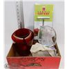 Image 1 : BOX WITH RED VASE, TOBACCO CAN, 2 ELEPHANT GLASS