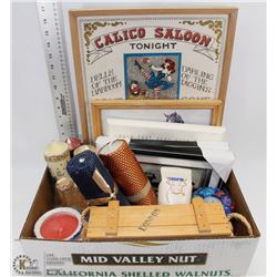 TOTE WITH ASSORTED CANDLES, PICTURES AND HOME