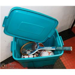 BLUE STORAGE CONTAINER WITH FOOTBALLS, SOCCER