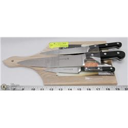 3 HENCKLES KNIVES WITH CUTTING BOARD