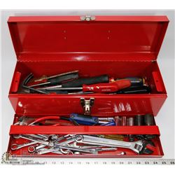 RED METAL TOOLBOX FILLED WITH TOOLS.