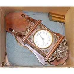 VINTAGE CHIME CLOCK, CARVED WOOD AND BRASS