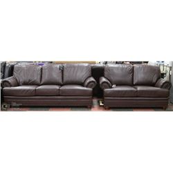 NEW BROWN LEATHERETTE NAILHEAD 86" SOFA AND 65"