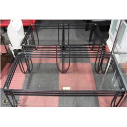 GLASS AND WROUGHT IRON COFFEE TABLE WITH 2 END