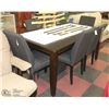Image 1 : DARK WOOD TONE KITCHEN TABLE WITH 6 GREY FABRIC