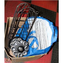 LOT WITH WROUGHT IRON PLANT HOLDER, WIRE SHELVING