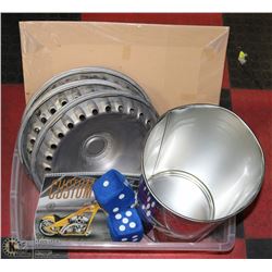 SNAP ON METAL GARBAGE CAN WITH FUZZY DICE AND