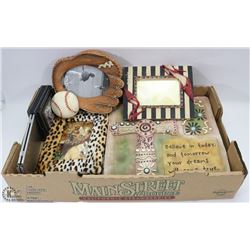 FLAT WITH ASSORTED THEMED PICTURE FRAMES, WALL