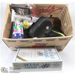 LARGE BOX WITH MOSTLY NEW ITEMS INCL 2 BIKE SEATS,