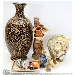 BOX OF ASSORTED VASES AND MORE INCL MINI STEIN