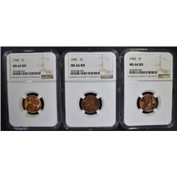 1940, 41, 42 LINCOLN CENTS NGC MS-66 RD