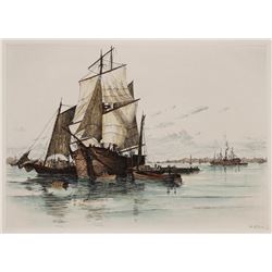 Charles F.W. Mielatz, Ships in New York Harbor, Color Etching