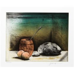 Miguel Herrera, Still Life with Bread and Peaches, Aquatint Etching