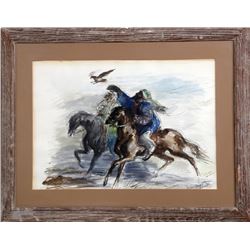 John August Groth, Tribesmen Hawking, Watercolor Painting