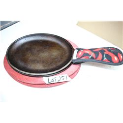 2 Hot Cook/Serve Cast Iron Pans w/Handle Holders & Wood Trays