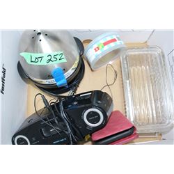 Box w/Cuisinart Egg Cooker, Clock Radio, Anchor Hocking Dish/Lid, Wallet & Cookie Cutters