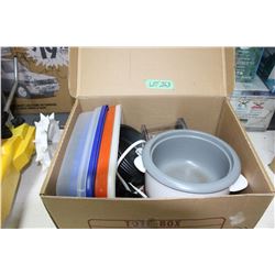 Box w/Tupperware, Electric Cooker, Round Baking Tins, etc.