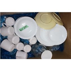 Box of Corningware Dishes (Plates, Bowls, Mugs, etc.)