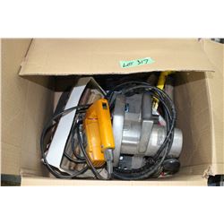 Box of Misc. Tools; Files; Hone; Tapes; Hole Saw; Jigsaw & Skill Saw