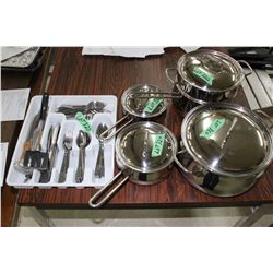 Set of Stainless Steel Lagostina Pots w/Lids (Includes Steamer) & Tray of Cutlery