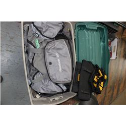 Tan Tote w/Green Lid w/3 Carry on Bags, 2 Cooler Bags, 3 Bathrm Rugs +