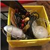 Image 1 : Milk Crate w/Tool Contents: Leather Tool Pouch, Trouble Light, Heat Lamps, Hand Saws, etc
