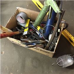 Box Lot: Variety Tools (Hammers, Tape Measure, Trouble Light, Tin Snips, etc) & Level