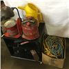 Image 1 : Vintage Tools: Bearing Grease Tin, Gas Can, Lunch Kit, 1 Gal Oil Jug (Shell), Desk Lamp, Ext. Cords,