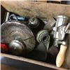 Image 1 : Wooden Crate Lot: Antique Items (Foot Warmer, Silver Tray, Meat Grinder, Coleman Iron, etc)