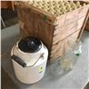 Image 1 : Antique Trio: Wood Egg Crate, Blue Ribbon Coffee Jar & Pickle Crock