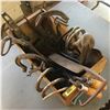 Image 1 : Wooden Box Lot Antique Items: Horse Shoes, Spur, Draw Knife, Shoe Last, etc