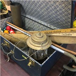 Blue Steamer Suitcase w/Antique Contents: Lantern, Lantern Globes, Yard Sticks, Canes, Pool Balls, C