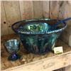 Image 1 : Blue Carnival Glass Punch Bowl Set