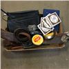 Image 1 : Tray Lot: Strops, Tobacco Tins, John Deere Tractor Coasters, Bag Phone, etc