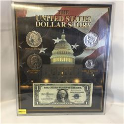 The United States Dollar Story (4 Coins & 1 Bill) 1921 Morgan Dollar; 1922 Peace Dollar; 1972 Eisenh