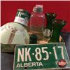 Image 1 : Tray Lot: (Green is the Theme!) License Plate, Vases, Insulators, Tobacco Tin, Lamp Shade & Jar