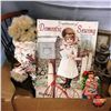 Image 1 : Box Lot: Small Wooden Chair, 1930's Childs Book, Candelabras; "Domestic Sewing" Repro Tin Sign, etc