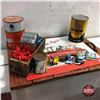Image 1 : Wooden Serving Tray w/Oil Tins, Graham Tail Light, Cheese Box, Toys (Spacemen & Vehicles) & Repro Ti
