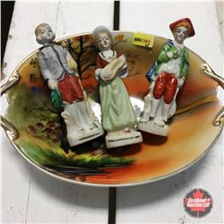 3 "Made in Occupied" Japan Figurines in Painted Dish