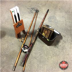 Let's Go Fishing Combo ! (Bamboo Fishing Pole w/Reel, Vintage Framed Boy Picture, Tin Box & Repurpos