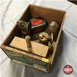 Wooden Box w/Butter Press, 2 Carbide Lights, Insulator & Russian Tea Tin