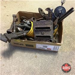 Tray Lot: Vintage Tools (incl. Wrenches, Pliers, Tobacco Tins, Sad Iron Heater, etc)