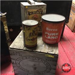 Wooden Butter Crate & 3 Tins (Monarch, Burns Pure Lard & Pennzoil)