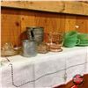 Image 1 : Jadeite Cups/Saucers, Pink Depression Glass Measuring Cup, Clear Glass Juicer & Butter Dish & "Swans