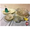 Image 1 : Depression Clear Glass "Homespun Fine Rib" Sherbet Dishes & Saucers & 9" Pentagon Flint Glass Saw To