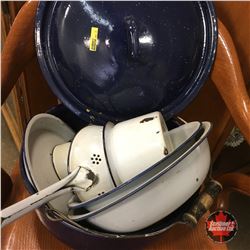 White & Navy Blue Enamelware & Blue Speckled Kettle Pot (9 pcs)