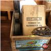Image 1 : Wooden Box Lot: Sad Iron Trivet, Wood Planer, Enamelware Bed Pan & Stamped Wood Box