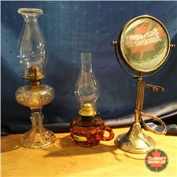 Clear Coal Oil Pedestal Lamp, Finger "Peanut" Lamp & Mirror