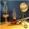 Image 1 : Clear Coal Oil Pedestal Lamp, Finger "Peanut" Lamp & Mirror
