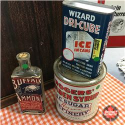 Trio: Buffalo Ammonia Bottle, Rogers Syrup Tin, Wizard Dri-Cube Tin